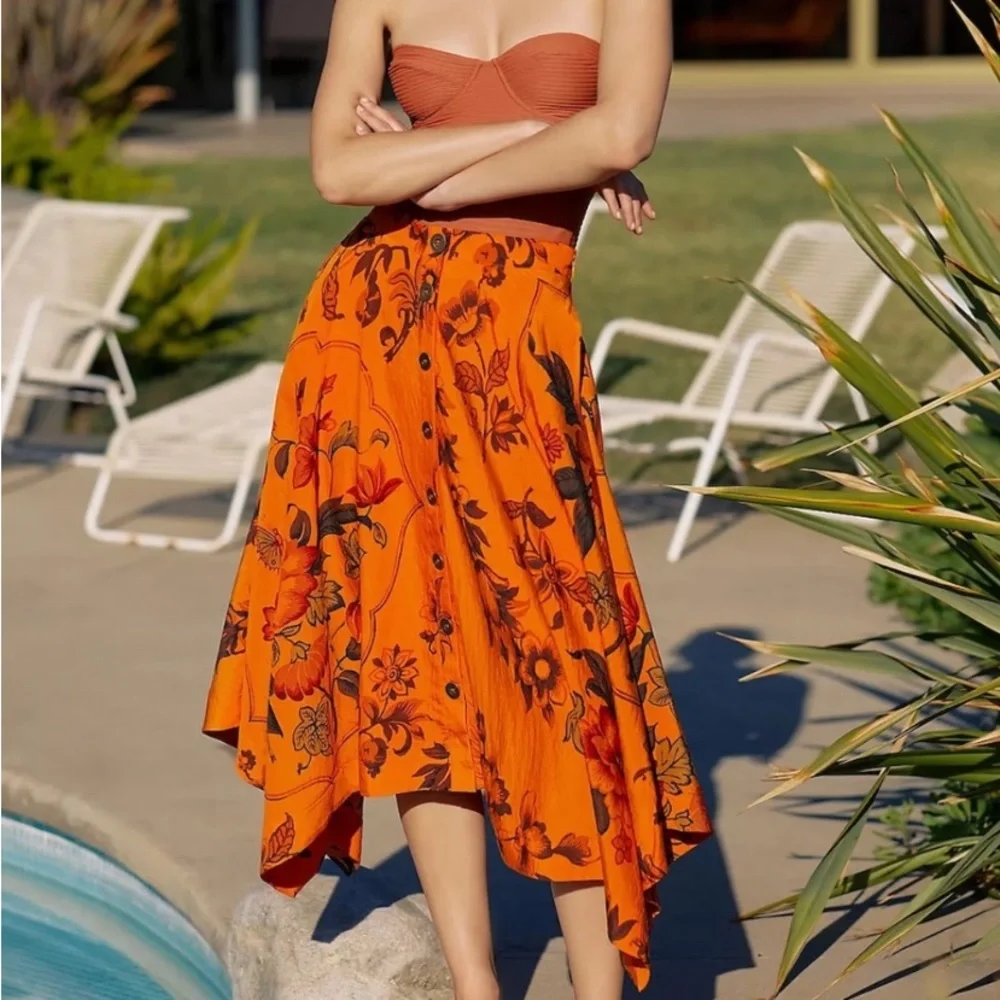 Anthropologie Orange Floral Hankerchief Button Front Midi Skirt w/Pockets - Picture 5 of 10